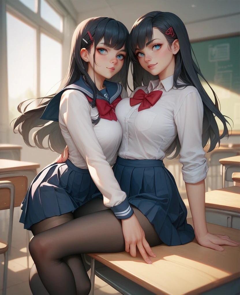 2girls, young girlACE), perfect_hands, (School uniform), both wearing lace skirts, tights, uniform, tie, two girls in school uniforms, student, big oppai proportions, two beautiful student girls, curvy, lined and detailed faces, thick detailed legs, chubby thighs, safe for work, best quality
