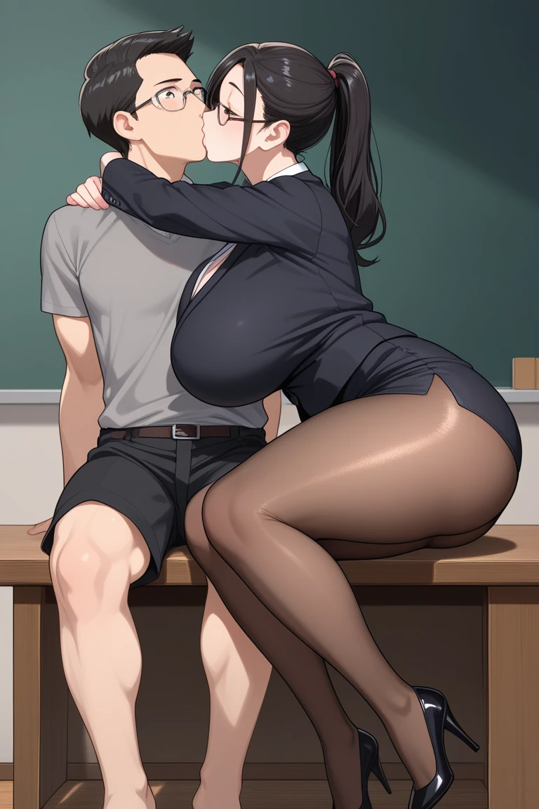 bambietta Basterbine, classroom,1girl,1boy,black pantyhose,white heels,white shirt,black jacket, sitting on desk,spread legs, cunnilingus