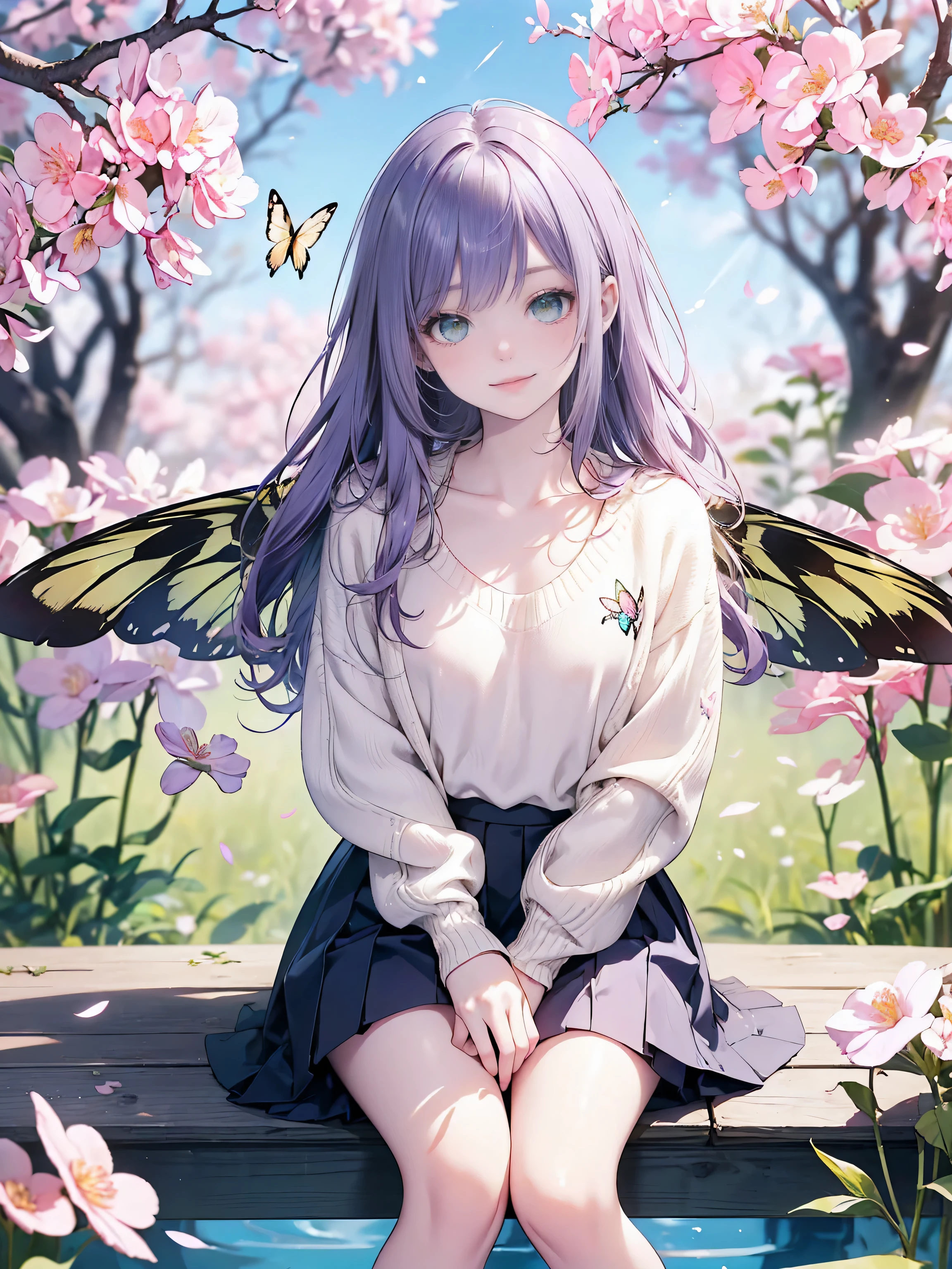 a girl with butterfly wings, landing on a blooming sakura tree, detailed face , , hands behind head , show armpit , beautiful detailed eyes, beautiful detailed lips, extremely detailed face and features, long eyelashes, butterfly wings, sakura tree, blooming flowers, detailed petals, detailed textures, photorealistic, 8k, best quality, ultra-detailed, realistic, intricate details, vivid colors, natural lighting, cinematic composition