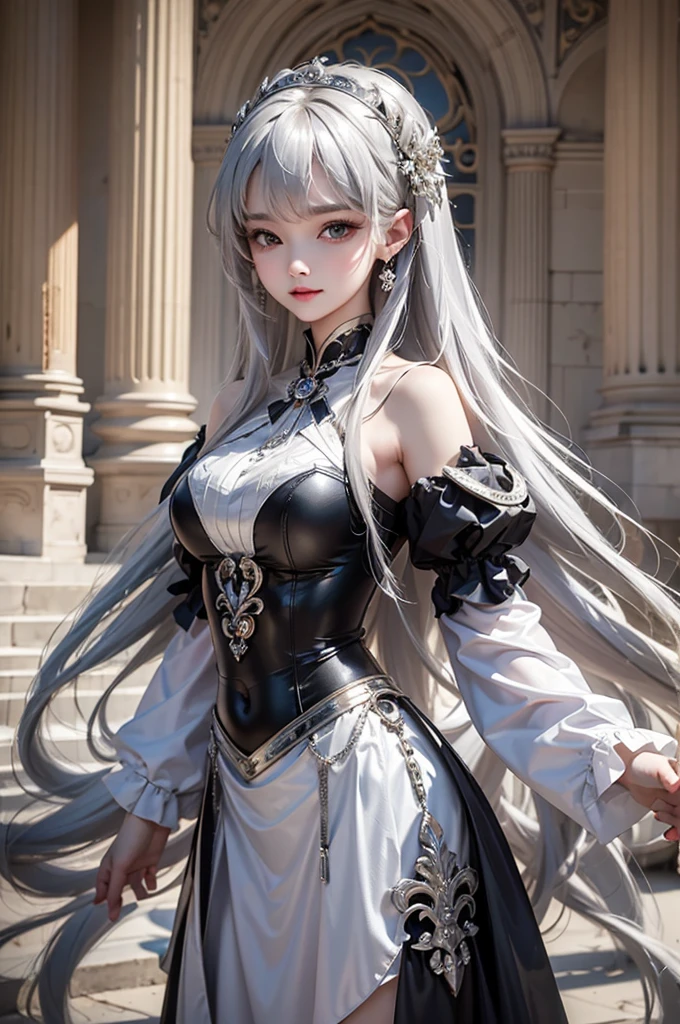 best quality, masterpiece, ultra-detailed, detailed light, (RAW photo:1.2), (photorealistic:1.4),(masterpiece:1.3),(best quality:1.4) 1girl, detailed face, solo, hips up, long hair, white hair, sky, dress, armor, cloud, game armor