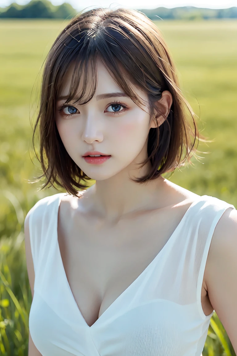 masterpiece, 1 Beautiful girl, Fine grain, highest quality, Ultra High resolution, (reality: 1.4), Cinema Lighting, Beautiful Skin, (Ultra-realistic), (High resolution), (8k), (Very detailed), ( Best illustrations), Pouting slightly, (Crystal colorful lights), Extremely refined and beautiful, beautiful detailed eyes, Round eyes, detailed facial features, (Round pupils:1.4), (alluring face), Glistening Lips, smile, (small breasts:1.3), Open lips, (Beautiful and detailed face, Beautiful and delicate eyes), pink cheek, mascara, brown hair, short hair, (cleavage:1.3), (sexy golf wear) , (golf micro mini flared skirt) , (wearing golf gloves), full body shot , golf course , Sun visor, golf swing, panties, sleeveless, bare shoulder,