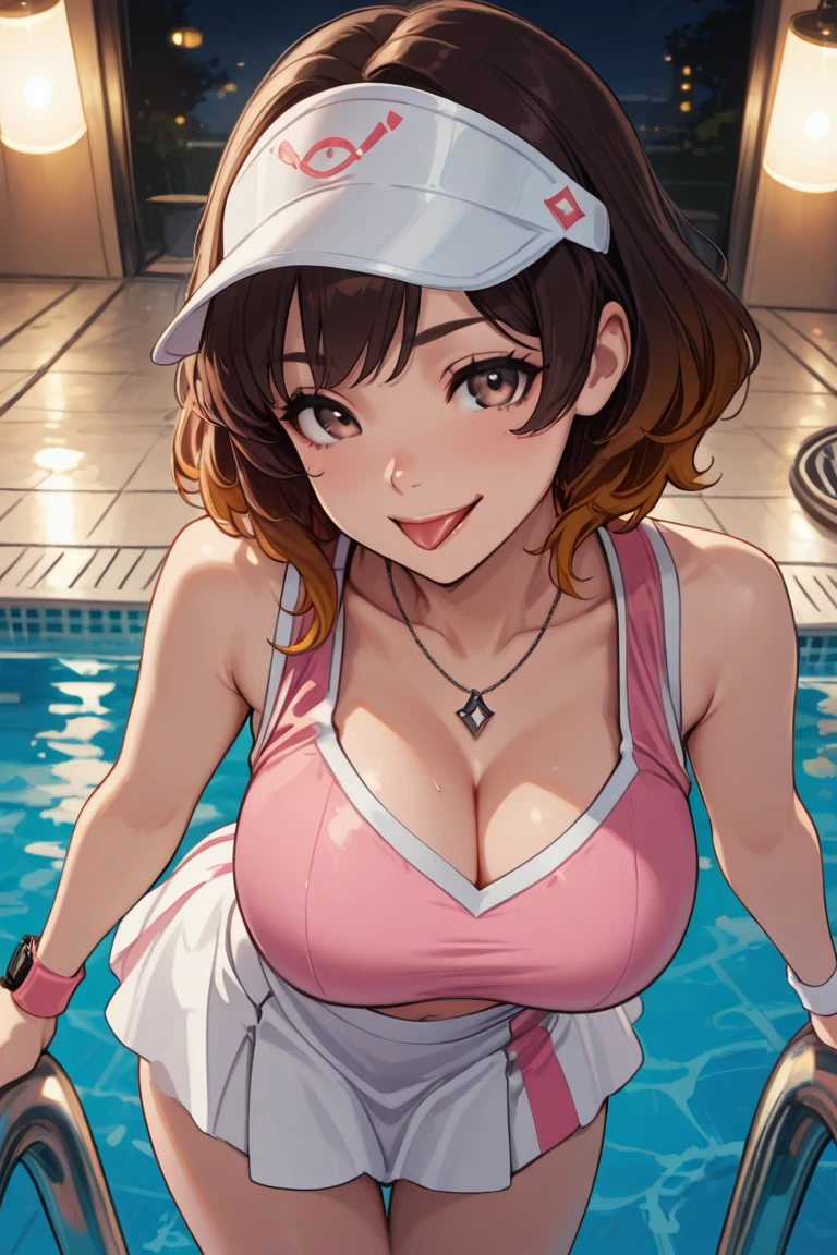 （best qualtiy，4K，tmasterpiece：1.3），Colossal tits, Cheerful woman，hyper realisitc，１Man Woman, standing beside pool, spread leg wide, poolparty, sexy dress and swimsuit, lift up dress to show panty, expose breast，Detailed eyes,  hanging breast,Super Detailed Face，Detailed lips