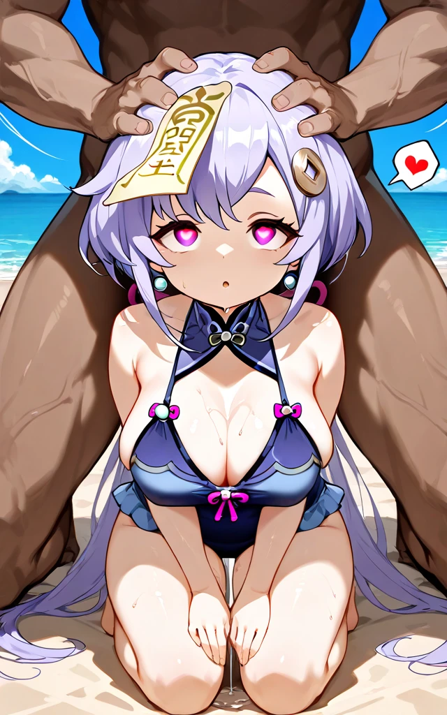 Female , hime style hair, silver hair, naked, pasties on the tits and pussy, beach, J cup breast, thicc thigh, smile,