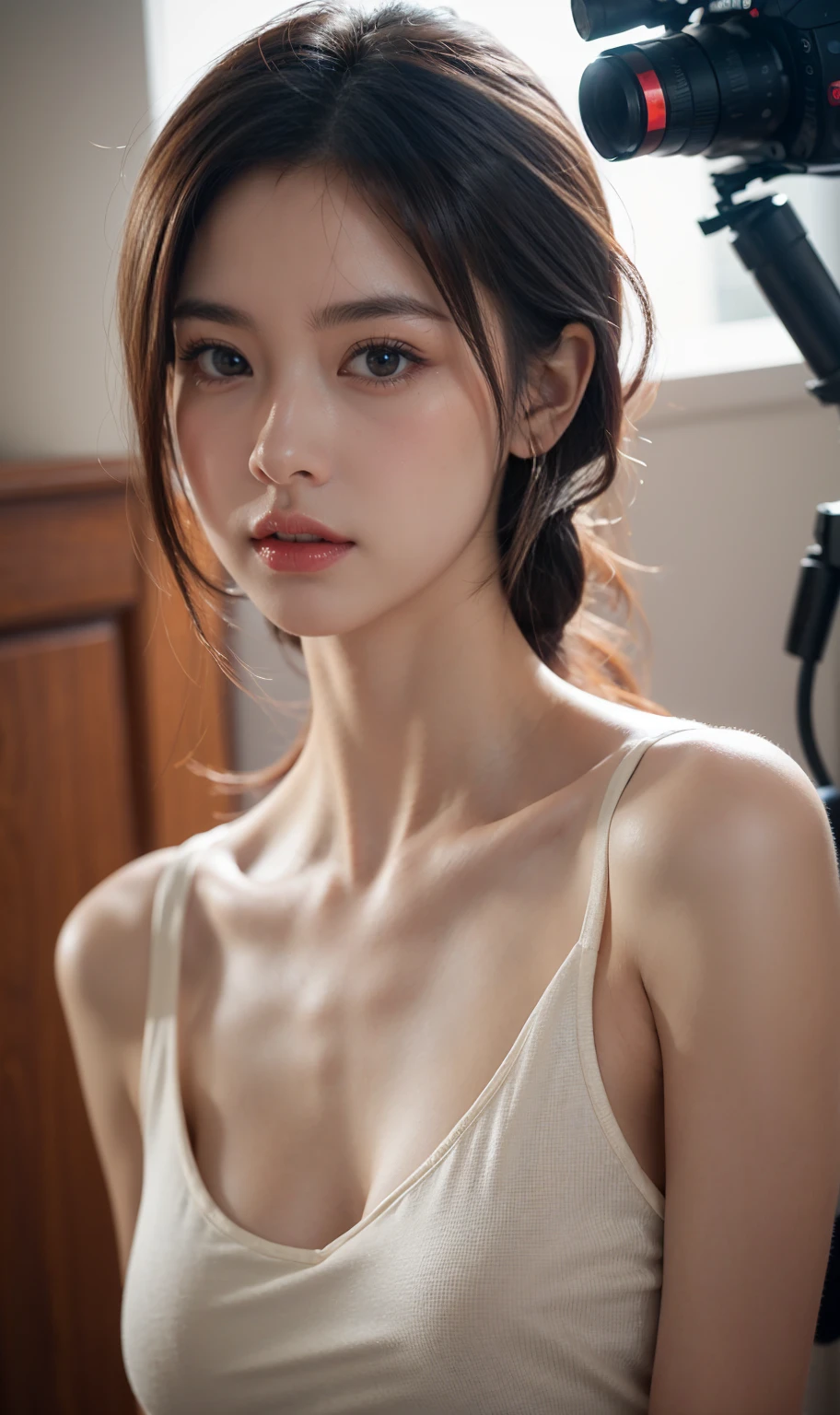 (Photorealistic),(Masterpiece),(ultra-detailed),a shot of very beautiful and tall but so delicate and weak and thin and fragile because she hasn’t eaten for a month,wearing a crop sweat tank top ,have absolutely no fat or muscles, quite tall but very small and feeble and fragile body frame and figure,enduring extreme hunger,big eyes and very small face,about to faint but resisting,extremely severely malnourished,trying to stay positive