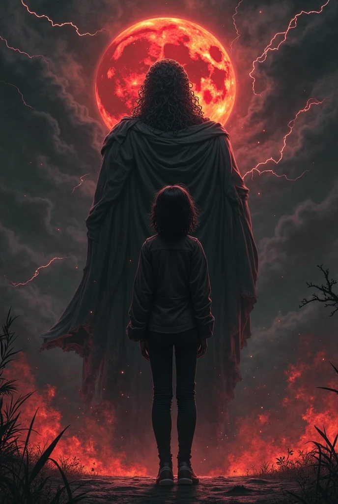 I want a mysterious picture. My book is on an ancient greek civilisation.  Black colour theme. Zeus should be standing behind the girl. She has dark hair and a tomboy. I want a dark zeus standing behind her. Also only her back is visible.  She ll be surrounded by thunder and lightning and also fire. No frocks or dresses. A jeans and shirt. Also dark zeus. Only surrounded by fire and lightning. And no anime. Realistic picture. A dark one. Zeus should not be visible a lot. Like people shouldnt know its zeus. So just a darkenned zeus. I dont want people to know its him. Um why dont we put a cloak on top of him. Make him more darker. A dark version. I dont want him to be white at all.  Darker. I also want bit of blood moon. I want zeus larger. And throwing thunderbolts at the girl. Make zeus extra black. His eyes will bw glowing red. Make the whole background to pitch black. Only light is from fire the blood moon and lightning. Make it look realistic and cool. Not like a kids. Pure adult. No moutains or anything. Complete pitch black. Complete road has to be black. Put some clothes on zeus. The girl has short hair btw.