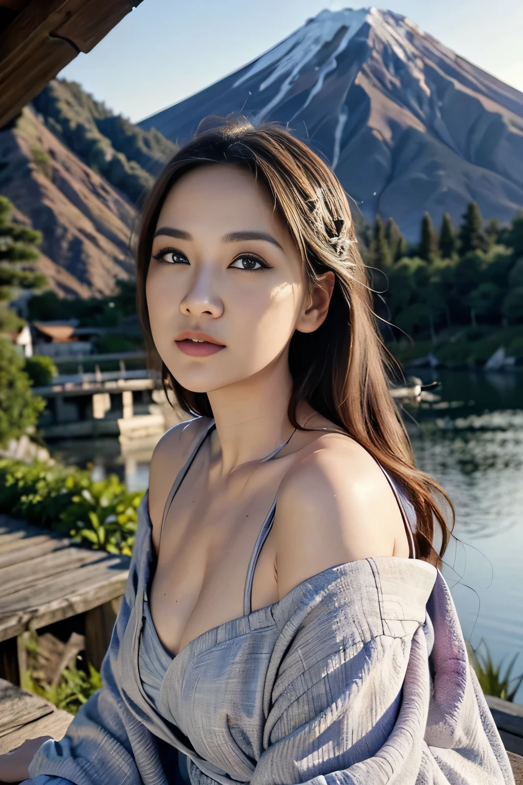 best quality, masterpiece, extremely detailed, detailed background, detailed eyes, anime, 1girl, beautiful eyes, young girl, long hair girl, expressive face, kimono, retro, mount fuji lansdscape, outdoors, sunset, beautiful sky, lake picnic, landscape, scenery, horizon, mountain sitting near mountain, wind, flower petal, spring, looking away, atmospheric lighting, reflection, naturalistic, detail, realism. relaxation, beauty, solo focus, close up, from side, depth of field, bokeh