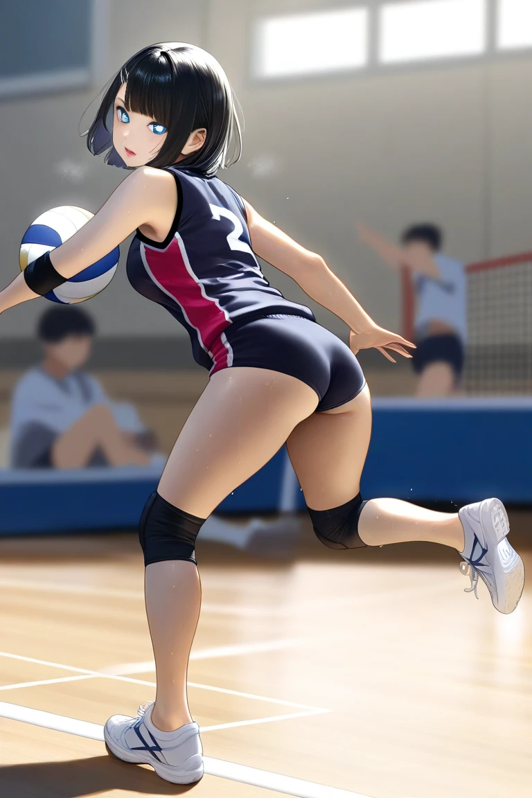 of the highest quality, Masterpiece, high resolution, alone, {too_also_Campus yuru:1.15}, green_Hair, purple_Look like, closed_boca, Single_Hair_GOOD, Hair_GOOD, 1 girl, 前Hair, blurred, blurred_bottom, exposed buttocks (volleyball uniform:1.3)、(barefoot)、Dark blue socks,(sport boots)、full body shot, (think back,from behind)(exposed buttocks)