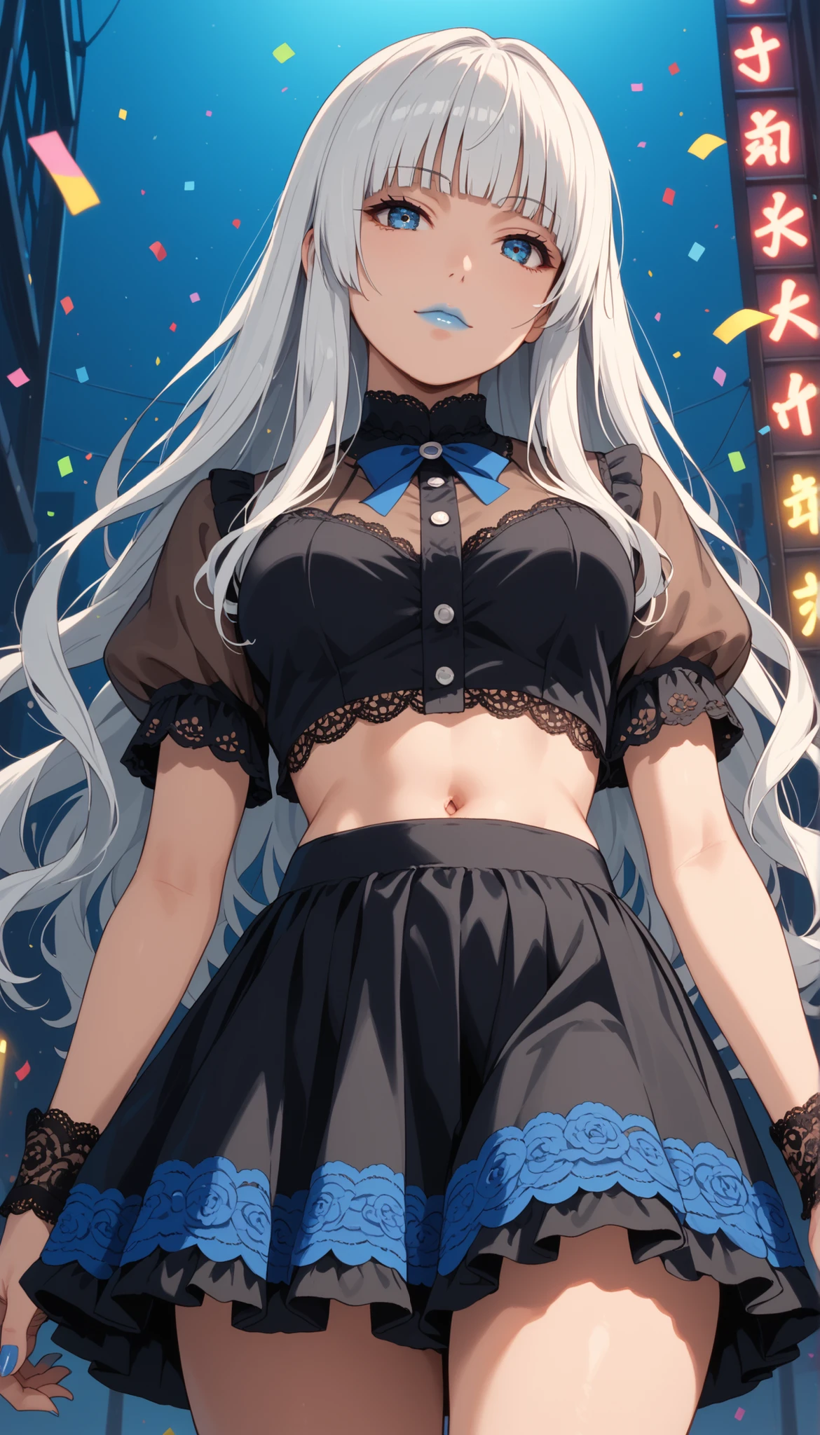 Score_9, score_8_up, score_7_up, score_6_up, source_anime, rating:general, 1girl, kirari momobami, white hair, long flowing hair, hime cut, blunt bangs, blue eyes, Sanpaku eyes, pale skin, round face, cute face, slender build, medium sized breasts, thick thighs, cute belly button, exposed midriff, frilly idol outfit (puffy lace trim skirt, lace puffy underskirt, lacey frilly see through top, large bows, see though lace sleeves (short sleeves) lacy wristbands, blue and black clothing, slight head tilt, glossy blue lipstick, blue nail polish, subtle edgy touch, standing on a bright colourful background , strobe lights, neon lights, confetti, edgy atmosphere, soft lighting, vivid colours, masterpiece, 8k quality, dynamic angle, arms by side, dynamic angle