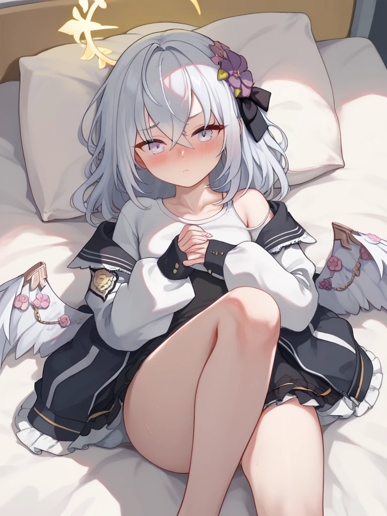 (最high quality,4K,8K,High resolution,masterpiece:1.2),Super detailed,Vibrant colors,Soft Shadows,Beautiful brushwork,Attention to detail,perfect render,rich skin tone,Expressive eyes,Captivating Expressions,Golden shades,Gears in the background,Has long, curly, light grey hair, Violet eyes, A headband decorated with pearls and violet camellias, White shirt, Floral dark blue hemline、 (cryin) ,Cute Characters, Most detailed, high quality、(missionary, 1boy, penis, lying, vaginale, ass pov, spread legs, sex, nsfw)、nose blush、steam、Awards, Anatomically correct、((Scared))