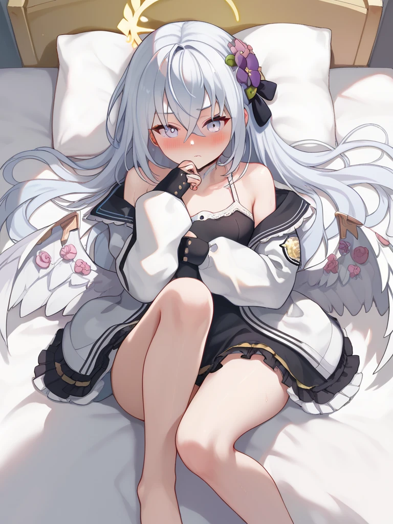 I lay on the bed with azusa_(blue_archive) and Azusa_(blue_archive) on top of me,
,two_wings,absurdres,Yellow_halo,white_hair,blush,cleavage,closed_mouth,halo,small_breasts,nose_blush,off_shoulder,thighs,white_shirt, best quality,((purple_eyes))