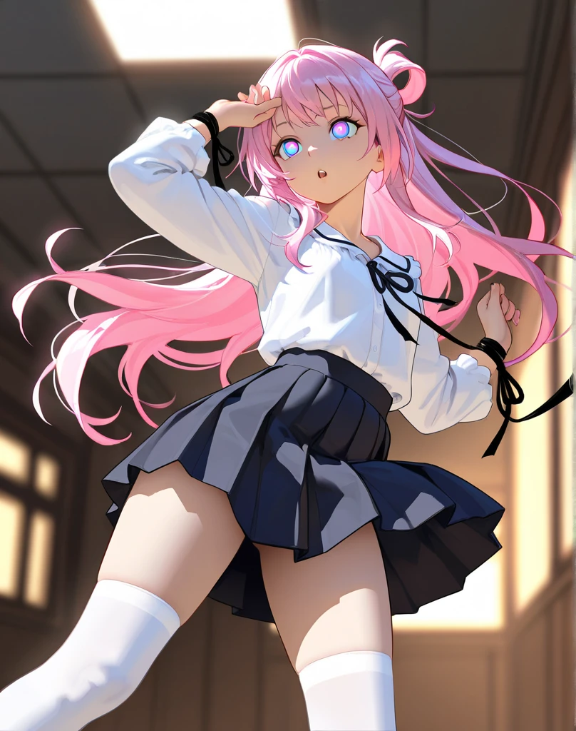 (8k、Best image quality、highest quality、masterpiece)、Detailed face、One girl、Pink Hair、twintails、blunt bangs、Pink eyes、blush、Get angry、Open Mouth、Small breasts、((White collared shirt))、Short sleeve、((Black pleated skirt))、((micro kirt fluttering in the wind、((stripe panties))、Cowboy Shot、Pretend、Shoot from behind、Classroom Background