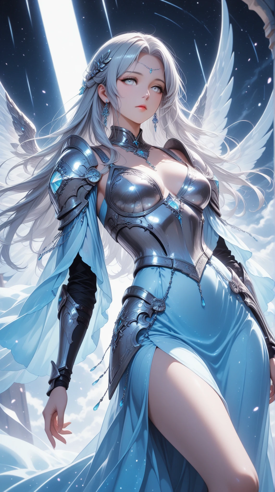 (delicate manga style:1.1), cool beauty, (one woman:1.0), (20-year-old:1.0), (small breasts:1.2), (magazine cover:1.thin air, Day, clear sky, fly outdoors, over european cities, (wide shot:1.0), (Depth of bounds written:1.1), (from the side: 0.7), (From above:1.0), Blake、(anime face:1.0), (clear blue eyes:1.0), (Cybernetic Genoid:1.1), (highly detailed mecha suit:1.3), (blue gothic cuirass:1.2), (long silver hair:1.0), (blue luxury wizard dress skirt:1.3), (decorative embroidery:1.0), (angel wings:1.1), smile, close your mouth