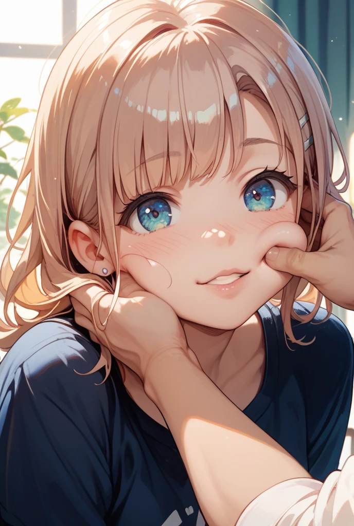 (High quality, High resolution, Fine details), Soft rug, (hand on cheek), golden sunlight, pastel tones, subtle lighting, solo, curvy women, light brown hair, sparkling eyes, (Detailed eyes:1.2), smile, blush, Sweat, Oily skin, shallow depth of field