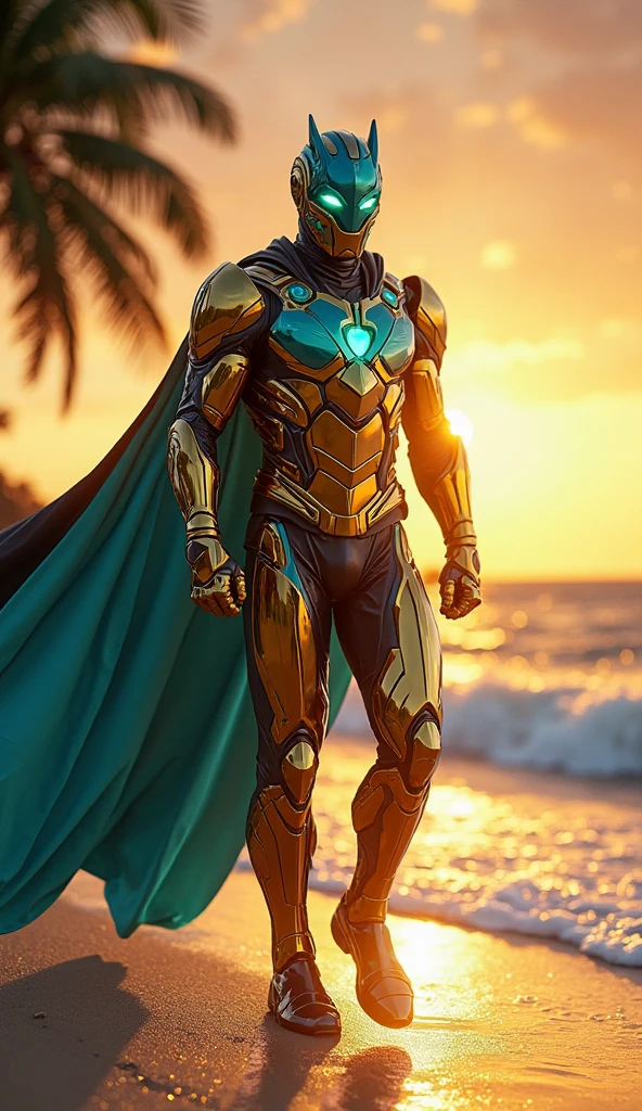 Create a full-body, powerful, futuristic sunlit sea warrior avatar with advanced technology integrated into the armor. The character should have a strong, heroic physique and confident facial features, with some parts of the face visible. The armor should be a blend of ancient Greek or Atlantean warrior styles, covering essential parts of the body while leaving some muscular areas exposed. Subtle sunlit themes, such as sun rays and golden patterns, should be incorporated into the design, using a color scheme of turquoise, gold, and silver. The character should emanate a sense of strength and dominance, with glowing blue eyes and a radiant, sunlit aura. Ensure the character is visible from head to toe, standing against a backdrop of a sunlit ocean, with sparkling water and a clear horizon visible, to enhance the powerful and dynamic setting.