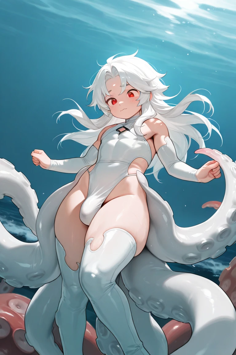 1girl,,smile,long hair,white hair,ahoge,lamia tail,white lamia tail,(black background),pointy ears,sleeveless,white shirt,(little cleappy,smile,open mouth,full body