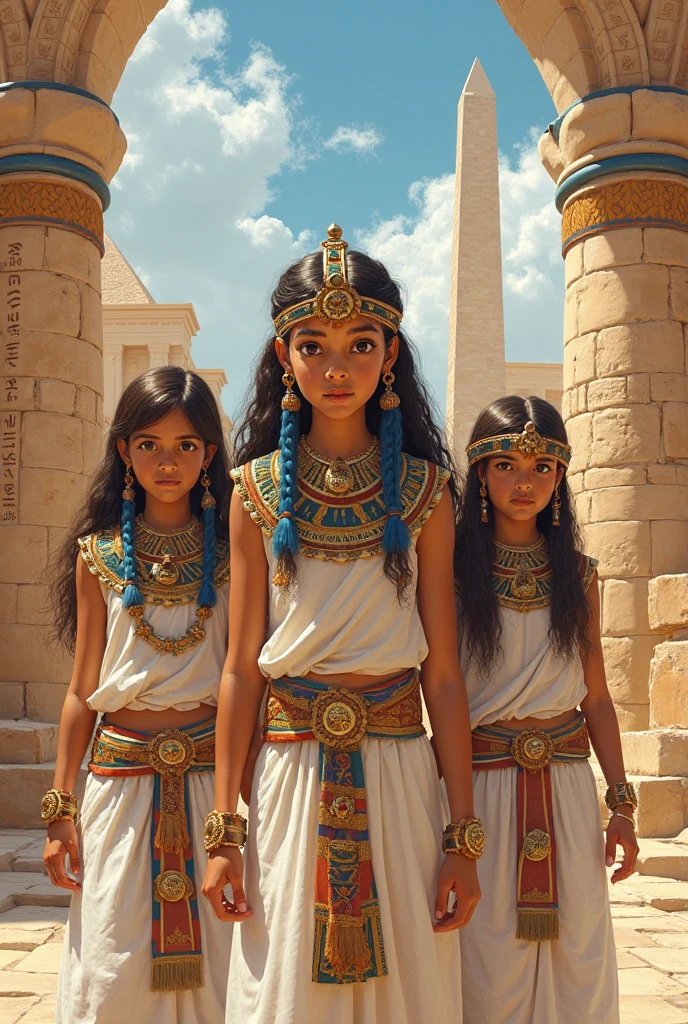 three girls CHILDREN, are posing for a photo in the pyramids of egypt background, BLACK AND WHITE, beautiful girls, young girls, cute girls, 3 sisters look at each other in the mirror, beautiful faces, light-skinned African girl, by irakli swim, by Miroslava Sviridova, with a white complexion, beautiful portrait, varied ethnicities, 3 young and beautiful women, beautiful faces, girls resting WITH THEIR EYES CLOSED and praying.