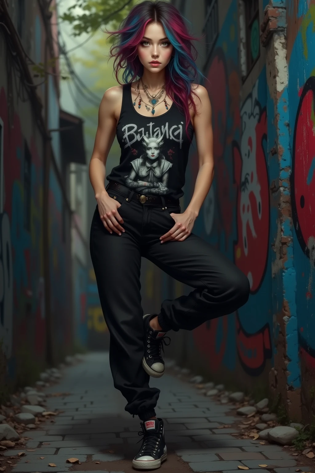 Generates a Venezuelan female criminal with white hair and pigtail braids, tattooed on her arms and dressed in torn black pants and a basketball shirt.