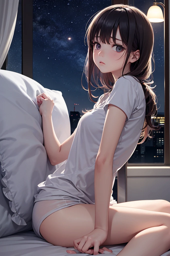 Late at night,0:00 at night、Room with a night view、It's pitch black outside、((You can see the night view from the window:2)), bedroom、((Girl sitting on bed))、(One Girl),(Beautifully drawn eyes in every detail、Look at the detailasterpieceサイドライト、masterpiece、Highest quality、detailed、High resolution illustrations),Delicate makeup, (Close-up:1.2)、throw、Soft Focus、Background blur、Turn to me and smile,Iris,(((Silver Hair,Her hair color is a blue-gray gradient))), Semi-long hair:1.2, 非常にdetailedな, Complex, Tabletop,purple camisole dress、