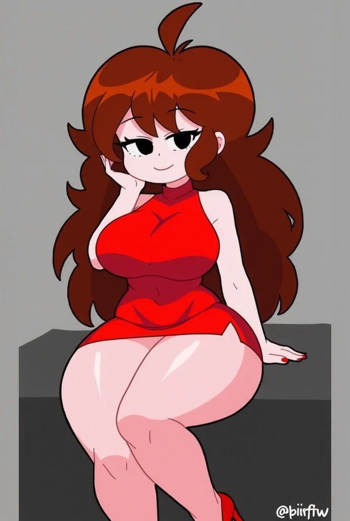 [girlfriend], [friday night funkin'], ((masterpiece)), ((HD)), ((high res)), ((beautiful render art)), ((solo portrait)), ((full body)), ((front view)), ((feet visible)), ((cinematic lighting)), , ((detailed shading)), ((intricate details)), {(slim figure), (cute black eyes), (long eyelashes), (long brown hair), (medium boobies), (curvy hips), (thick thighs), (beautiful legs), (blushing), (cute smug smile), (mouth open)}, {(short red dress), (side-boob visible), (red pencil skirt), (red heels)}, {(standing), (looking at viewer)}, [Background; (club), (stage), (neon lights), (ambient lighting)]