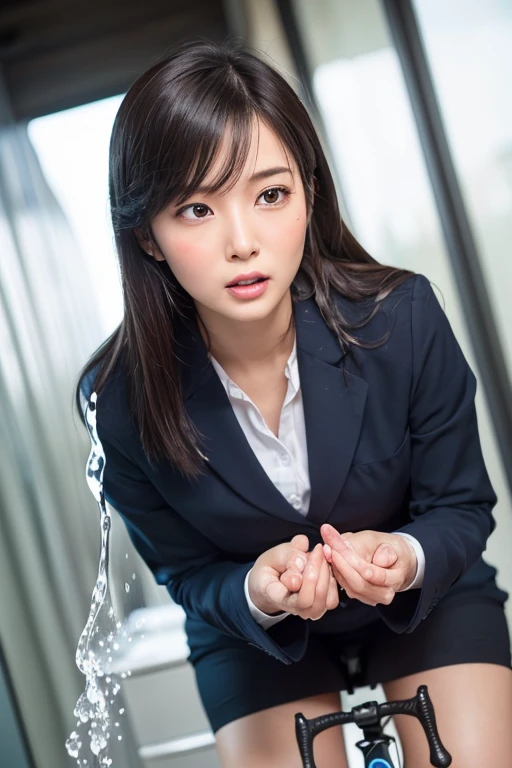 (Super beautiful)、(beauitful face:1.6)、1womanl、(have sex:1.0)、(with spreading legs)、(FULL BODYSHOT:1.1)、(moaning in pain:1.3)、(ecstacy:1.5)、(Office Lady Suit:1.2)、Sweating、(Wet body and hair:1.4)、At SFW