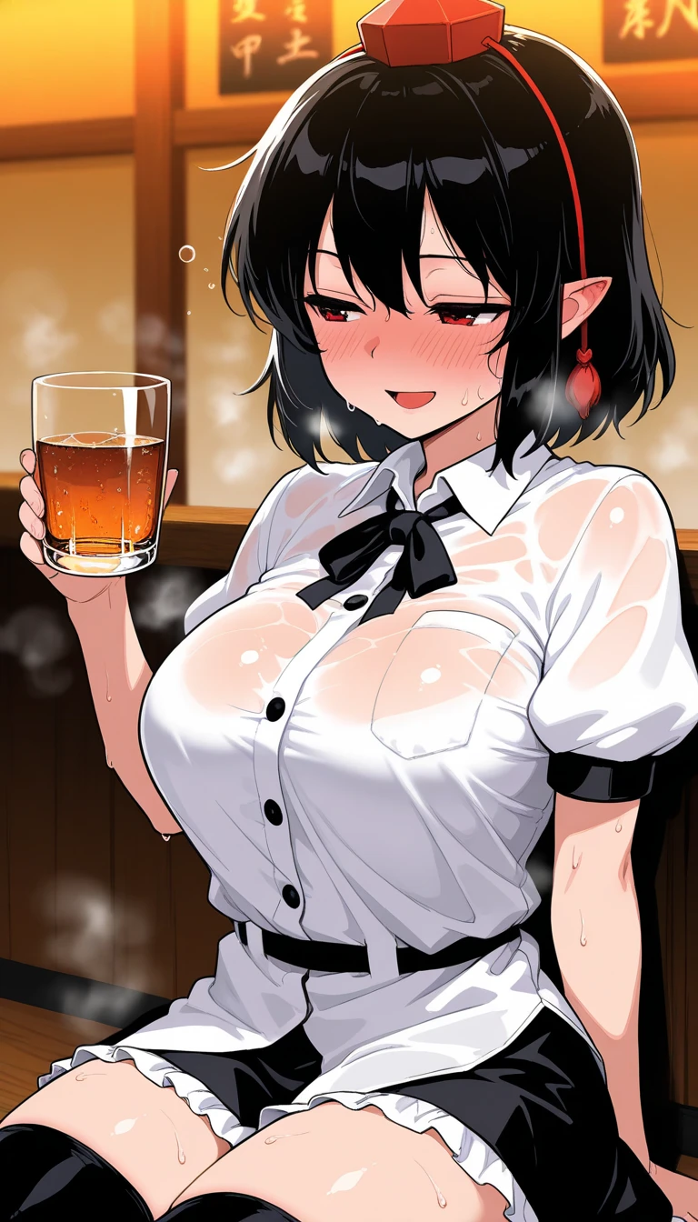 masterpiece, best quality, cowboy shot, mature woman, bob hairstyle, black hair, mature face, hot face, drunk, sharp eyes, medium breasts, curvy body, hazel eyes, unbuttoned white shirt, looking at viewer, very close to viewer, face to face, tough appearance, in the bar, holding beer, sitting across table
 ((looking drunk), 