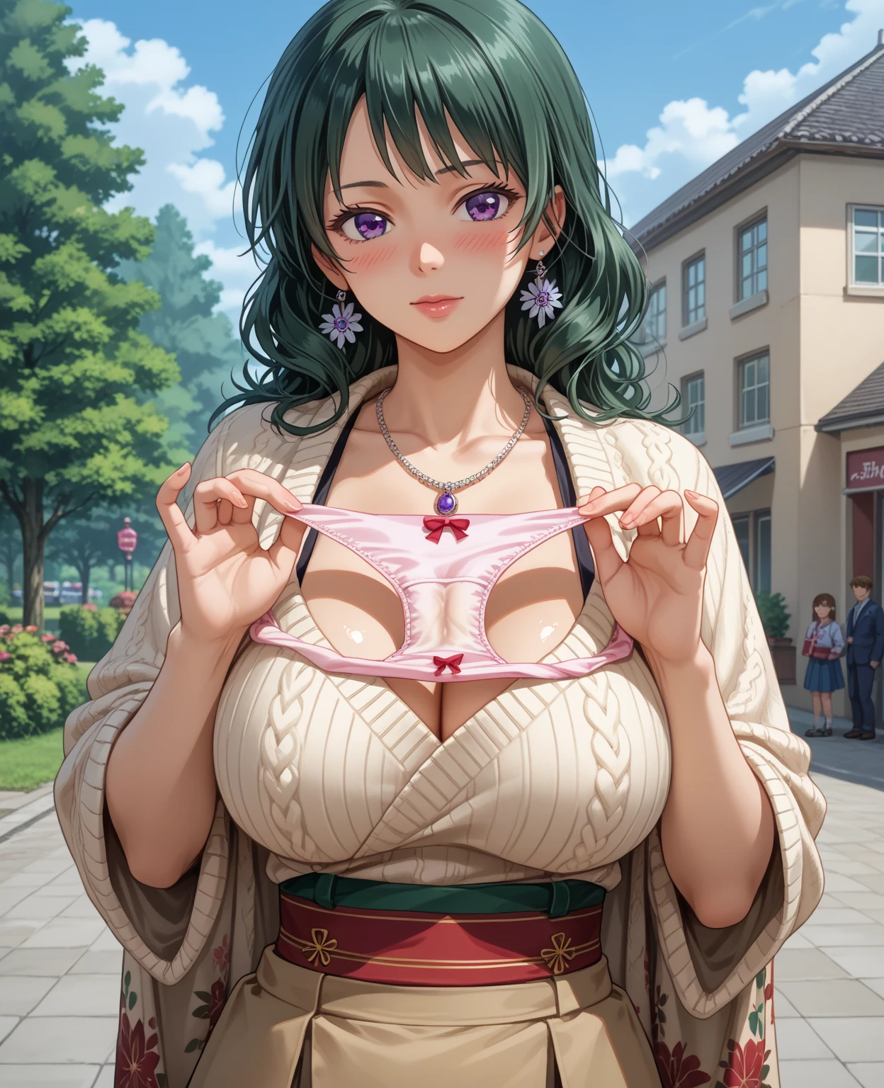 saitou_miyako_oshinoko brown_hair, bangs, long_hair, earrings, jewelry, hair_between_eyes, closed_mouth, purple_eyes,( large breasts:1.5),a girl,wearing an elegant 100% transparent saree,curly long hair,deep black eyes,shiny red lips,brown skin,lotus flower in her hair,bindi on forehead,palms decorated with henna,in a blooming garden,bright colorful flowers,green grass,blue sky,sunshine falling on her,peaceful and serene expression,subtle smile on her face,fingers delicately touching flower petals,body language full of grace and elegance, scenic beauty,painting as medium,detailed and vivid,high-resolution image,photorealistic rendering,vibrant colors,soft and warm lighting, her boobs exposed, pussy, and clitoric can be seen