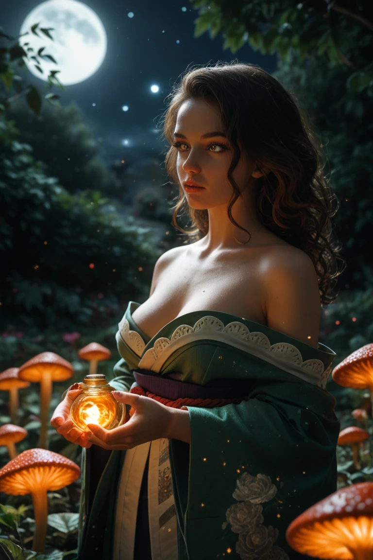 Create a digital masterpiece of the highest quality and detail. Depict a redhead woman, 18 years old, with blue eyes. She has signs of malnutrition, visible in her appearance, and wears an eyepatch over her right eye. Her left eye exhibits signs of astigmatism with a slightly elongated pupil shape. The scene is set in a forest at night, with the naked woman standing facing forward, holding a lantern that illuminates her surroundings. She has a gentle smile on her face. The background features a serene and tranquil atmosphere, illuminated by the soft light of the lantern and moonlight filtering through the trees.