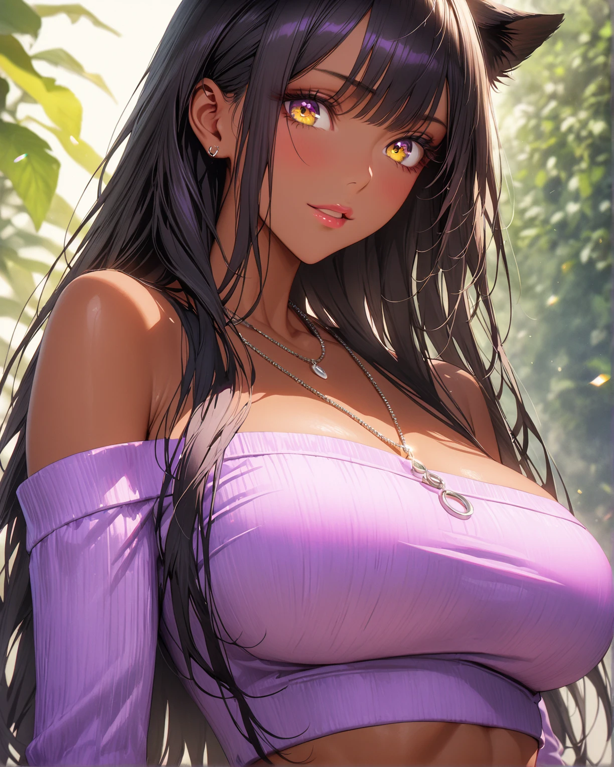 purple eyes,eyes shining,hair ends orange, natural light, cinematic light, realistic body, detailed body, detailed eyes, realistic face, masterpiece, not wearing clothes, naked, vagina, pussy, masterpiece, not wearing clothes, naked, vagina, pussy, high quality, 8k, best quality,Masterpiece,Seductive face, Large breasts with cleavage,smile,Good lighting, Masterpiece, Glowing eyes, 1girll, Black hair, on the face, Nezuko Kamado, Wisteria background, Best quality,