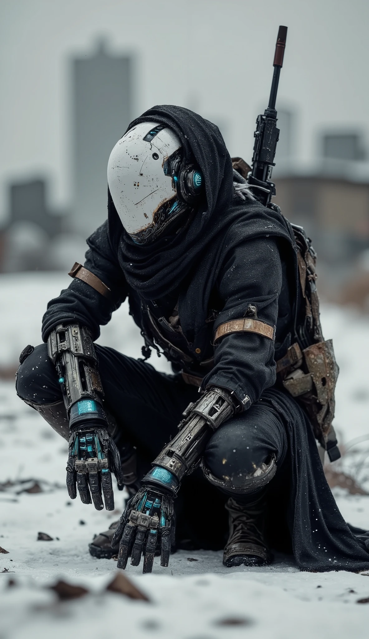 Recypu style, Cyberpunk highly detailed, high-resolution photograph. A futuristic, armored warrior crouching on a gritty, desolate snow-swept plain. The subject's head is covered by a sleek, metallic plain helmet that obscures the face, giving an ominous, robotic appearance. The helmet is adorned with various sensors and neon blue flux core lights flowing, suggesting advanced technology. The warrior's body is clad in a full suit of advanced, high-tech armor, primarily made of a mix of metal and synthetic materials. The armor is heavily detailed with intricate circuits, joints, and mechanical components, indicating advanced robotics and cybernetics merge in biomechanical system. The suit is predominantly black with hints of dark gray and silver, and it is adorned with various pouches, straps, and utility belts, suggesting a high level of tactical gear. The warrior's left hand is extended forward, showcasing a complex, mechanical prosthetic with multiple fingers and advanced articulation. The right hand rests on the knee, also with a prosthetic that appears more organic, possibly biological. A machine gun with a brown handle is sheathed on the warrior's back, adding to the military aesthetic. The background shows an industrial, urban environment with blurred, metallic structures and a gray sky, emphasizing the gritty, post-apocalyptic setting. The overall mood is intense and futuristic. sentinelbot. apoclypse