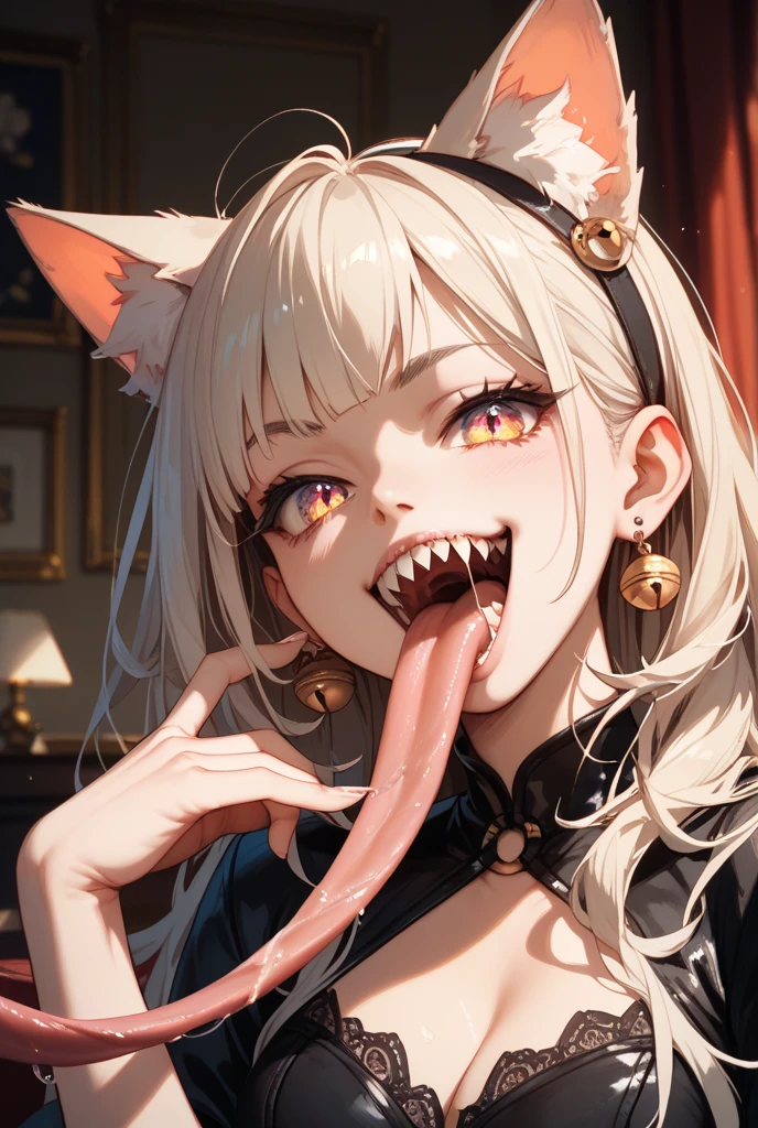 best quality, 8k, 32k, masterpiece, UHD:1.2), highres, ((sharp focus)), beautiful detailed face, delicate details, (cartoon girl with her mouth open and teeth showing) , 1girl, solo, pov, no background, ((face close up)), ((looking at viewer)), (head up), not wearing headgear, (smile), red gum, (((big teeth))), ((naked)), big mouth, (lighting forward), perfect teeth,round tip teeth, saliva, arms behind back,sharp teeth