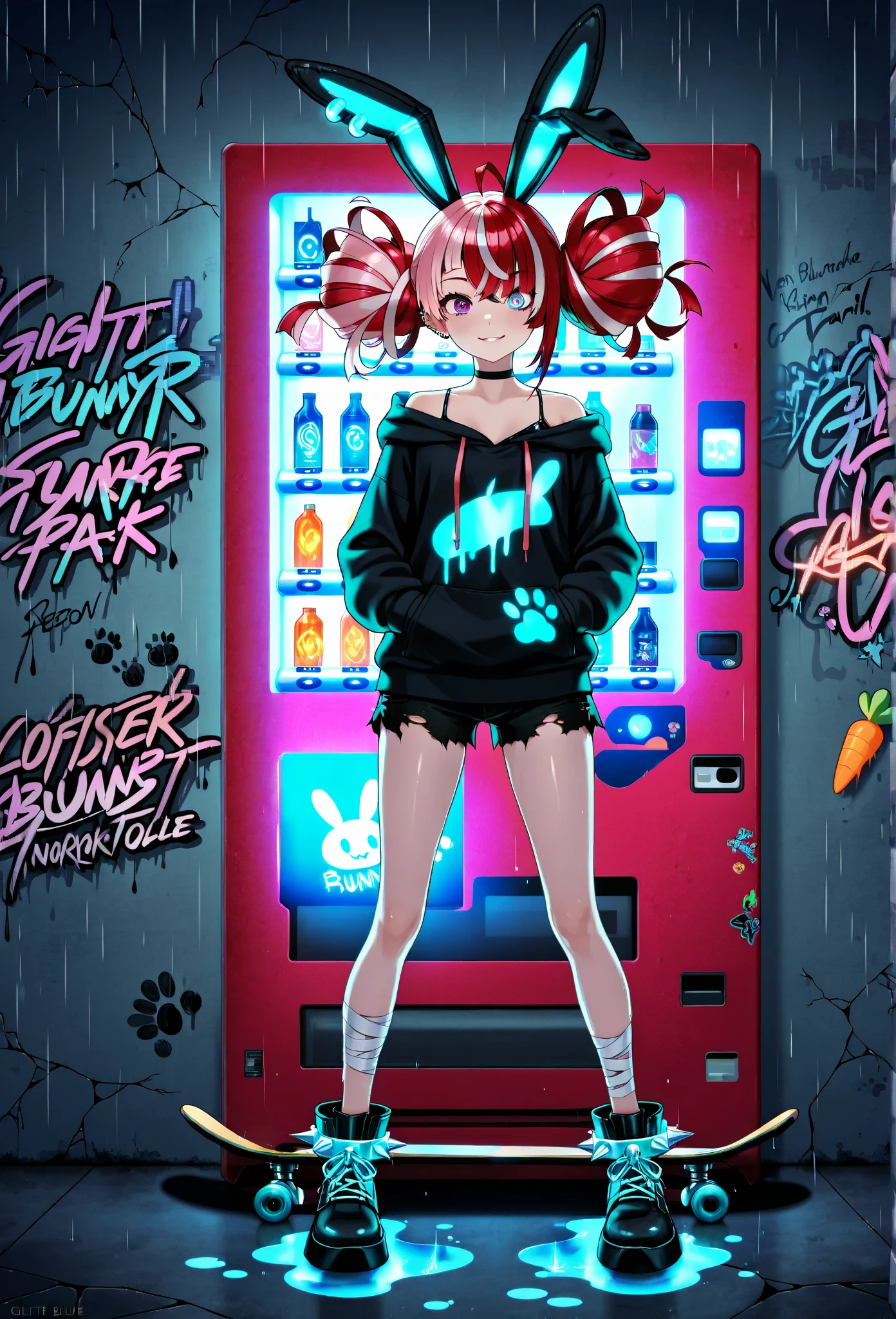 (best quality, masterpiece), 2girls, hologram, cyberpunk, neon, fog, (cartoon: 1.5), thong, tight, small, neon signs, ramen shop, fishnet stockings very low, transparent, very long hair, on piece suit, latex