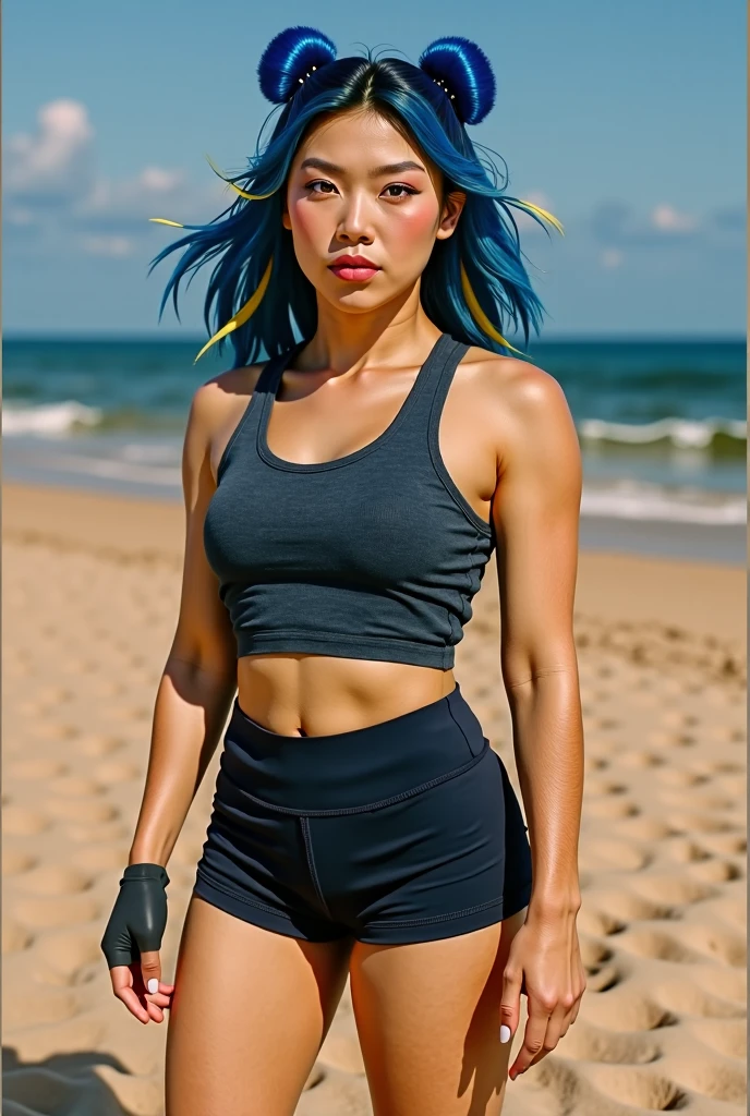 1girl, gradient hair, asian, (gradient background), (looking at viewer), bikini, small breasts, bra, arms behind back, side-tie bikini bottom, abs, bright, yellow bikini, obliques, striations, short hair, asymmetrical hair,