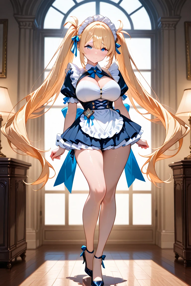 (masterpiece, best quality:1.2), 1girl, solo, blond hair, blue hairband, blue hair ribbon on the left, breast, black gloves, knight skirt, Solid color background