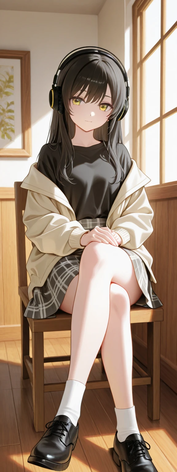 1 girl, alone, masterpiece, best quality, high resolution, Very detailed, (illustration), Beautiful and delicate eyes, Yuigahama Yui, single bun, glossy lips, Light makeup, blush, floor, sitting, White shirt, Short black pleated skirt, (Knees bent)