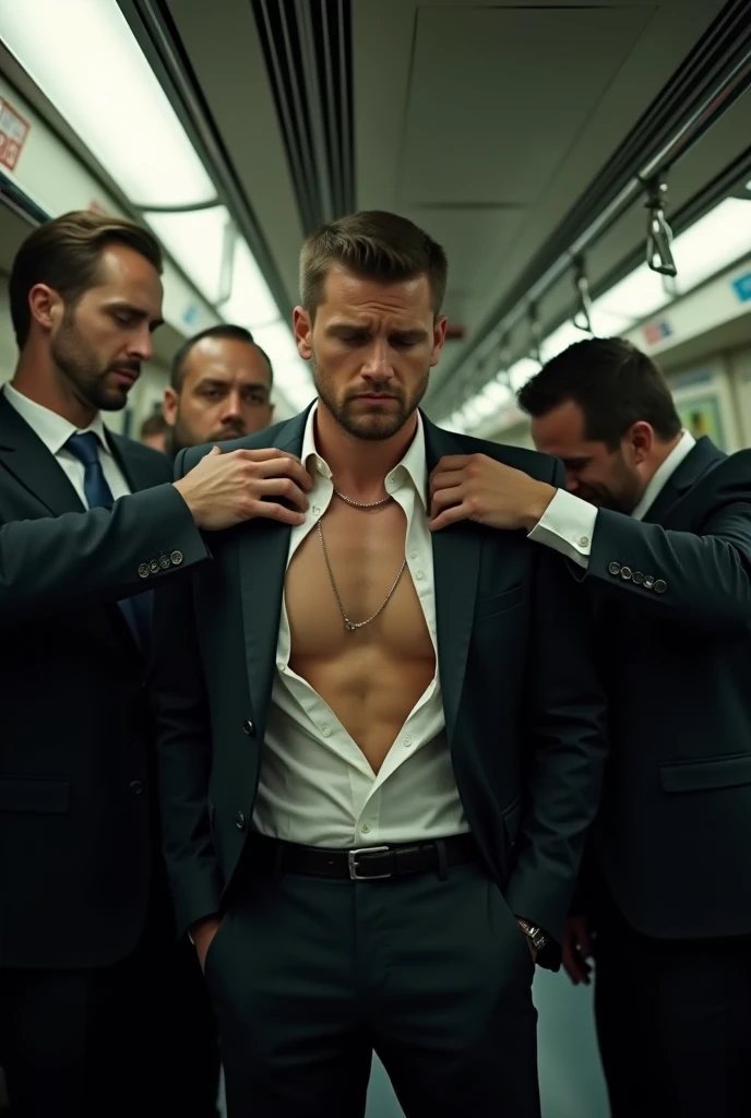 shirtless handsome manly short red  hair caucasian male in open white long-sleeved shirt, the shirt is sweat-drenched, soaking wet, drenched with sweat, black pants, black leather shoes, holding a heavy briefcase on the right hand, sweating profusely, tired, standing inside the train, the train is crowded with people and pass