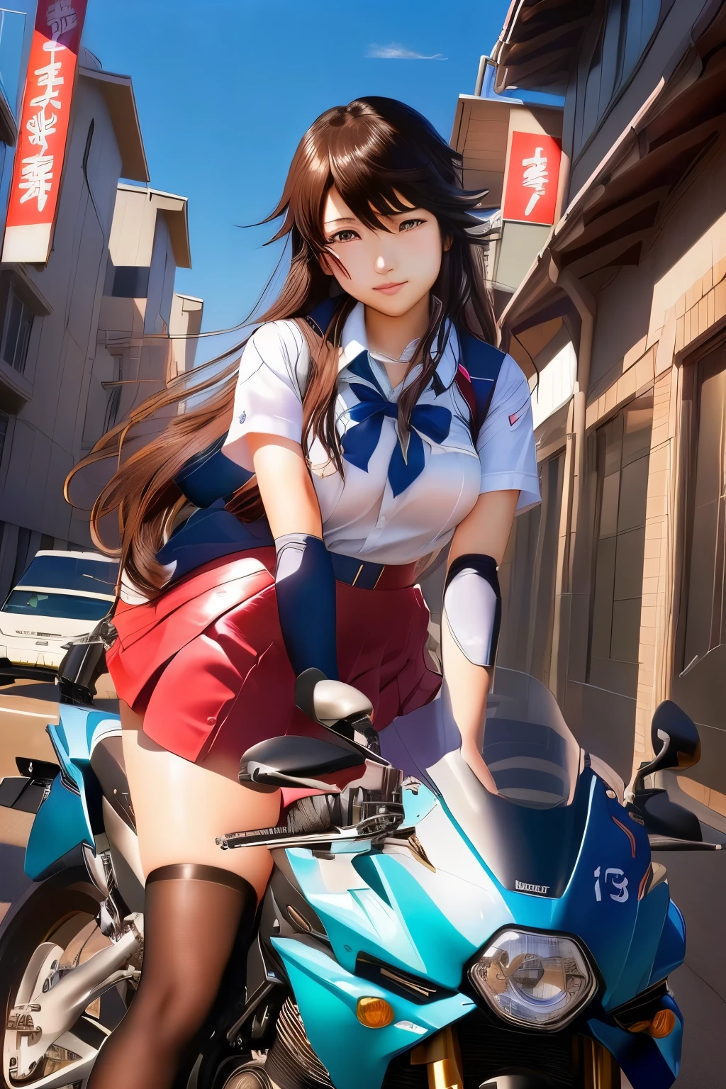 Japanese women in school uniforms posing on motorbikes, beautiful high school girl shedding tears, mini skirt、ponytail、white panties、a hyper REAL SCHOOLGIRLS , hyper REAL SCHOOLGIRLS , anime girl in real life, fleet Korekushon style, Charming Anime Girls, Anime Girl Cosplay, REAL SCHOOLGIRLS , anime style and Fujifilm, photorealistic anime, Makoto Shinkai and artgerm