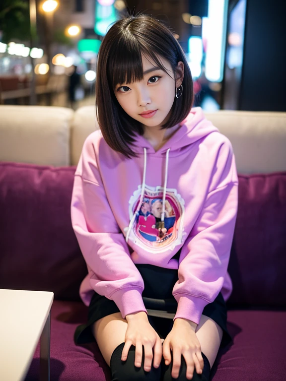 Masterpiece, 4K, bokeh, 55mm, F=1.2, Beautiful girl, (Japanese idle:1.6), (Cat ears:1.3), Light brown eyes, soft hair, (The background features soft light particles and subtle bokeh effects:1.6), Looking at the viewer, Closeup, Hold heart shaped baloon, (Pink and brack and white cow pattern hoodie:1.4), (many Big Heart-shaped balloons:1.6), from below, (Pink background:1.4)