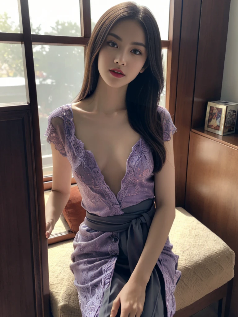 Very big breasts, dark purple nurse's gown, slender legs, Baek Cheol's skin, intaglio idol, super long wavy hair, Korean beauty, beautiful and detailed woman, very detailed eyes and face, beautiful detailed eyes, ridiculous, incredibly ridiculous, huge file size, super detailed, high resolution, very detailed, best quality, masterpiece, illustration, very detailed, CG, unified, 8k wallpaper, amazing, fine details, masterpiece, best quality, very detailed CG unified 8k wallpaper, face light, Movie lighting, kneeling in the bathroom, shy expression, showing chest,