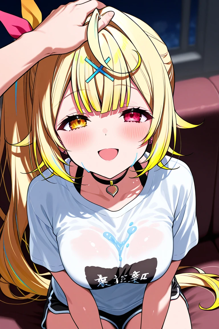 (Perfect Face, Detailed face, Beautiful Eyes,Perfect hands,Perfect Fingers)、Red face、((vapor))、hot、((konjiki no yami, ph Yami))、Maternal, Foot, alone, 1 Girl, Blonde Hair, Red eyes, Long Hair, Black hair ornament, Big eyes, ????????????,A flushed expression、Dirty face、Grin、 (masterpiece:1.2, Highest quality), (細かくてBeautiful Eyes: 1.2), (Beautiful and dense face), (Sharp facial hair between the eyes)、(About white panties, ?????????), 12 years old, Grinding, Transparent panties,????????????、?????????????、Neon lighting、Looking up