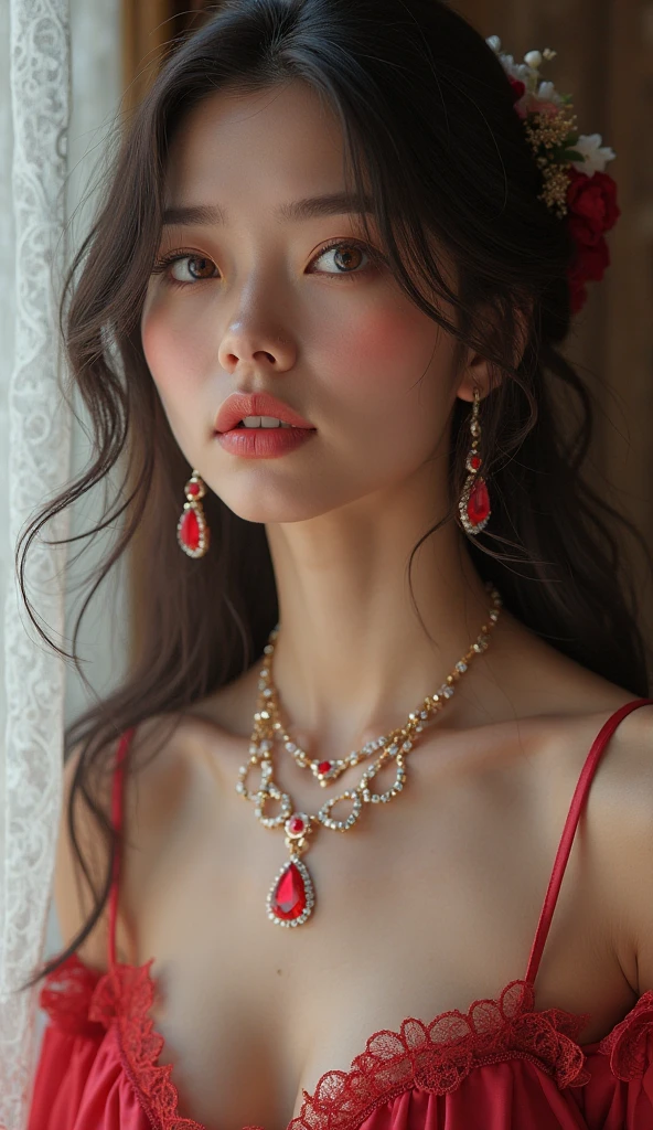 A Japanese woman in a low-cut evening gown, the close-up capturing her cleavage and the exquisite necklace she is wearing, highlighting her nobility and sensuality.