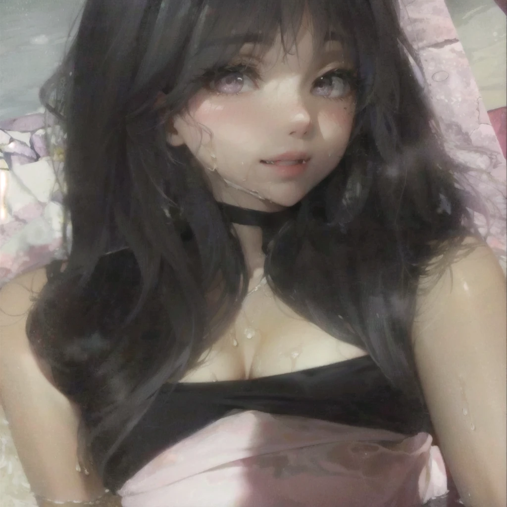 there is a woman in a black top and a black top, black hair and big eyes, soft portrait 8k, beautiful asian girl, seductive portrait of tifa lockhart, Kawaii realistic portrait, Hyper realistic , she has black hair with bangs, Hyper realistic , anime girl in real life, detailed face of an asian girl, japanese goddess, beautiful realistic photo. Extremely big and juicy tits