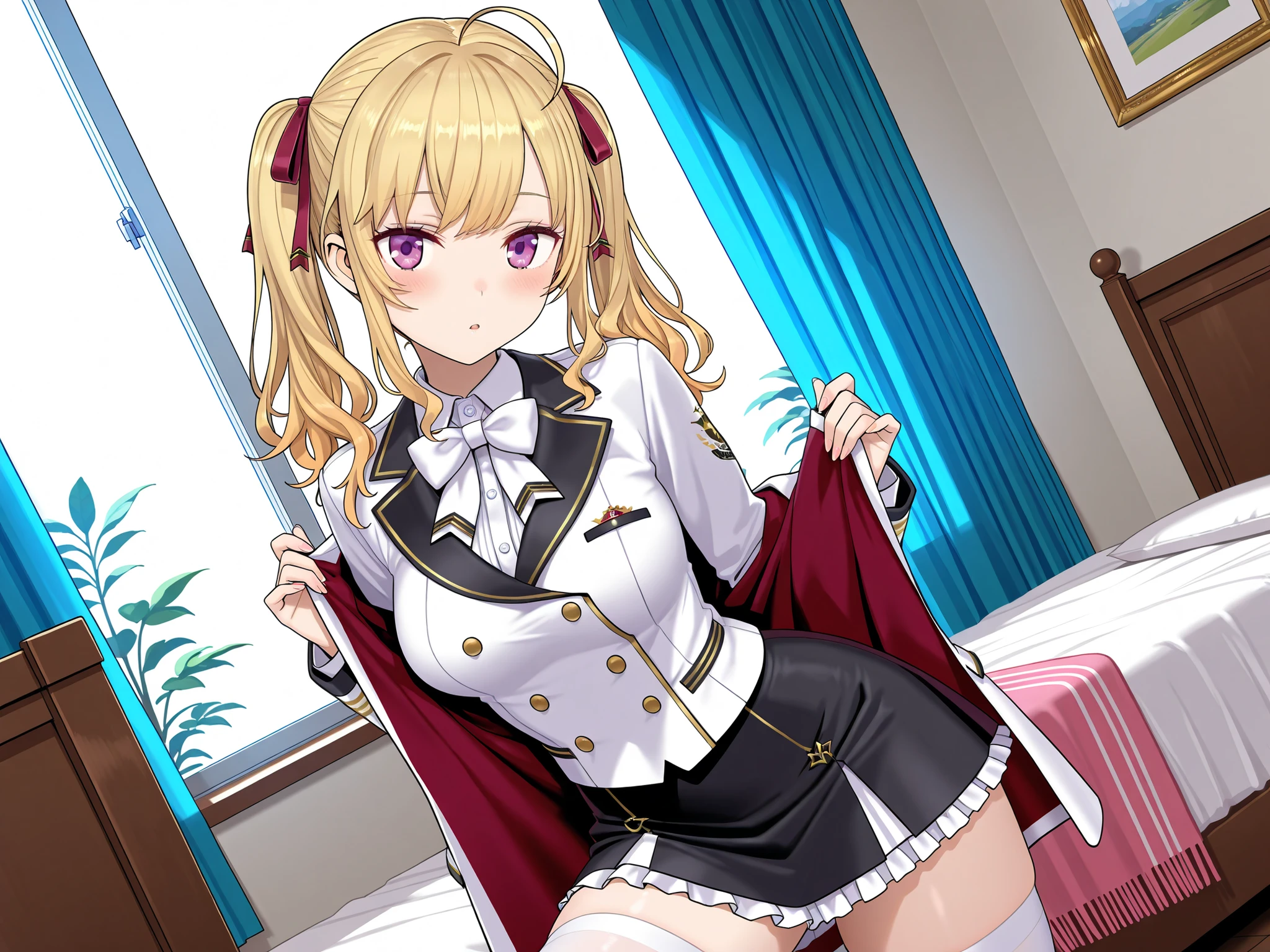 solo,masterpiece,best quality, amazing quality, highres, absurdres, very aesthetic, high resolution, ultra detailed, perfect details,nijirion,medium breasts,purple eyes,blonde hair,twintails,ahoge,hair ribbon,nijirioncos,white shirt,white bowtie,white jacket,black lapels,button,black skirt,frilled skirt,miniskirt,white thighhigh,,(masterpiece, detailed:1.2),mature female