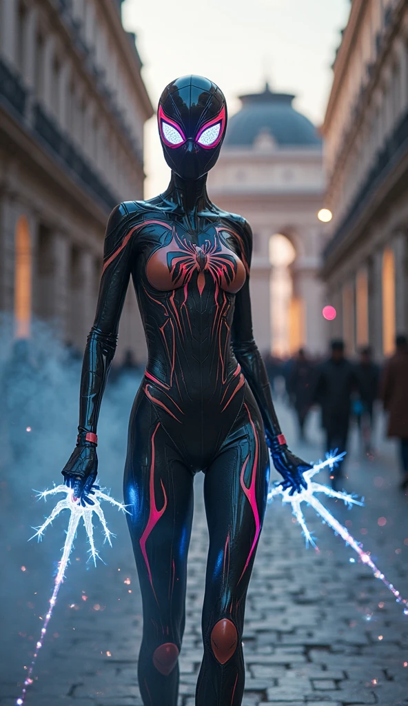 Create a spiderwoman suit that has black and cyan highlights that also have  bell prive sleeves. She is wearing the black and white jordans and her mask can be different she also has a black sweater on maybe
