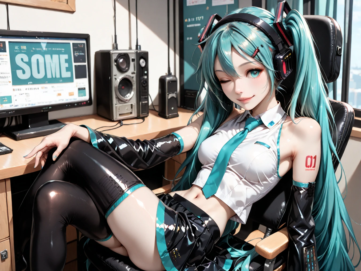 There is a woman sitting on a chair,Hold the computer, Hatsune Miku cosplay, mikudayo, Anime girl cosplay, Portrait of Hatsune Miku, Hatsune Miku, style of anime4 K, Os amigos, the anime girl is crouching, Anime girl in real life, cyber school girl, anime-inspired, cyberpunk anime girl, vocaloid, nightcore