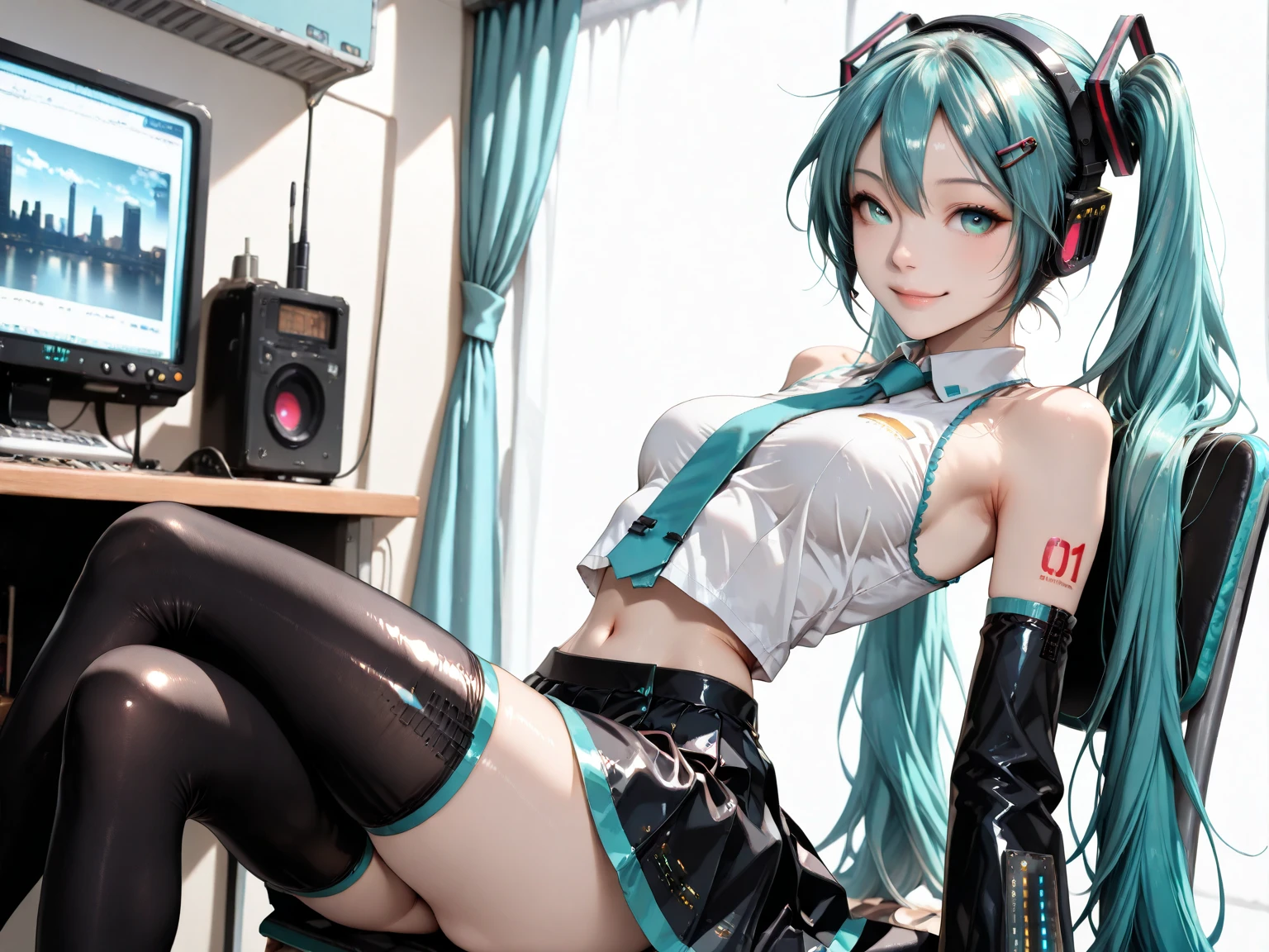 Create a high-quality, detailed image of a beautiful, anime gamer girl with long hair, bright blue eyes, and a smile, sitting at her gaming PC in her gaming room. She is wearing a see through tank top, barely showing her nipples, and sleep shorts, showing her midriff, highlighting her stunning curves. The warm, inviting scene includes soft ambient lighting, comfortable seating, The setting is illuminated by a small lamp, creating a serene and intimate atmosphere