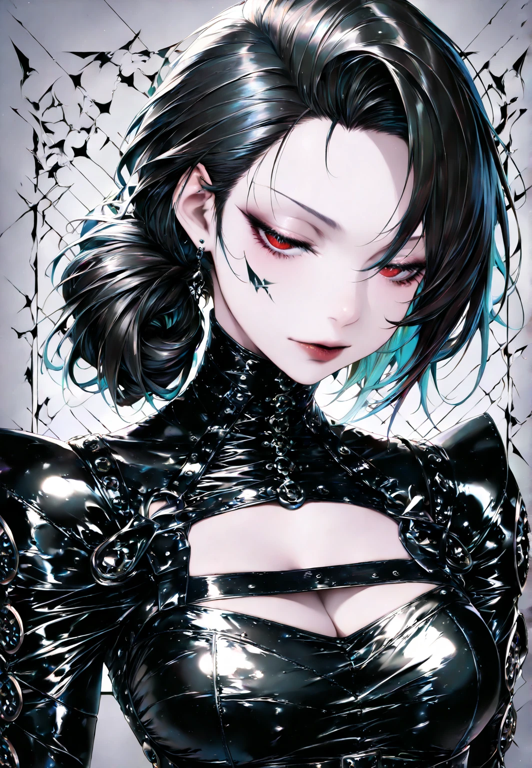 best quality, intricate details, chromatic aberration, 1girl, long hair, black hair, messy hair, red highlights, hair over one eye, red eyes, sharp eyes, choker,, , armbinder, arms behind back, bound arms,
