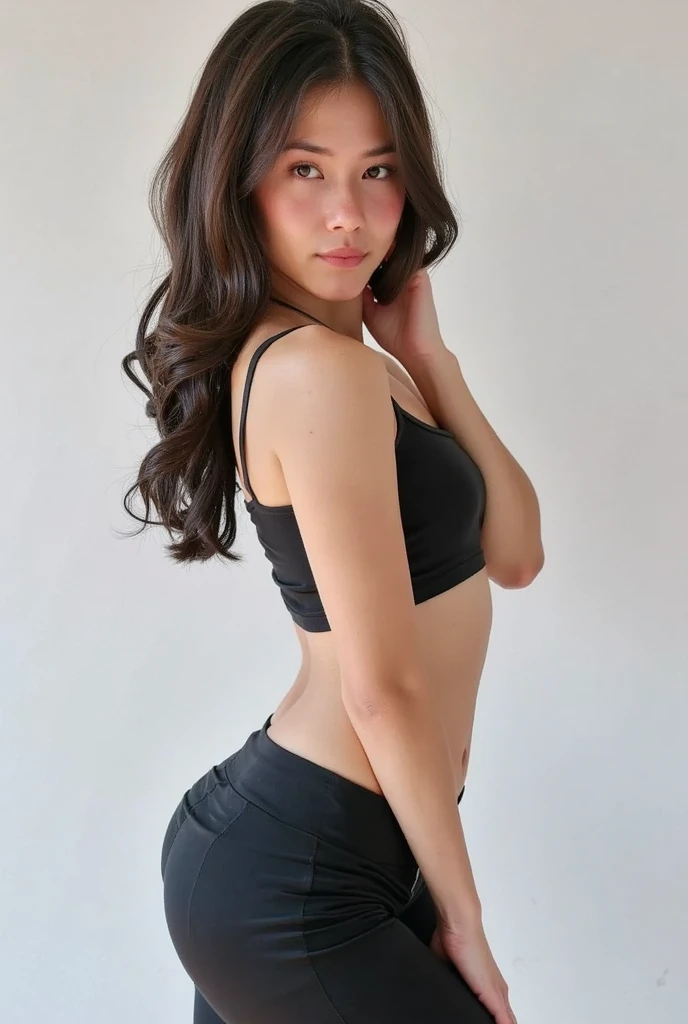 Image of a sexy Indonesian woman facing sideways while looking at the camera, wearing a black top with an open model at the back: The woman has a small colored angel tattoo on her back, posing with both hands on the curtain, with a colored curtain background Grey: This woman has long, flowing black hair and natural makeup that accentuates her facial features. Realistic, UHD.