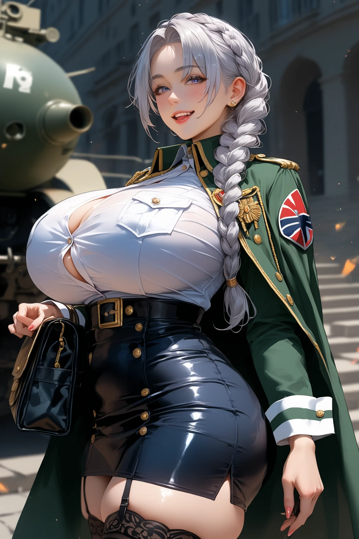 (solo focus:1.4), (female with 50 years old appearance), (mature women), (grey hair, curly hair, medium hair), (((white skin))), (bulky and buff), perfect hands, smooth face, smooth long hair, perfect skin, (wearing dark green general uniform:1.4), makeup, (32k Wallpaper), HD, Ultra Quality Hair, Ultra Quality Face, Ultra Quality Image, Cinematic lights, detailed eyes, medium shots, proportional fingers, detailed hands, (Military Hall background:1.8), looking at viewer, close smile masterpiece, best quality,1girl, solo, realistic, upper_body, looking_at_viewer, futuristic woman (masterpiece), best quality, night bedroom, pale pink bra, bashful, blush, indoors, dress shirt, bra open shirt, from below, pov, low angle, mari ohara bigass bighip、FUCK FUCKOFF SEXY(((masterpiece))), (((best quality))), ((ultra-detailed)), (illustration), (detailed light), ((an extremely delicate and beautiful)), (beautiful detailed eyes), (sunlight), blush, shy, gigantic breasts, uzaki, outdoors, dynamic pose, naked overalls bare shoulders bigass bighip、FUCK FUCKOFF SEXYroupa modesta, tiro remoto, Detalhe bonito rosto delicado, Olhos delicados bonitos detalhados, perfect facial proportions, High definition skin, pele fina, best four inch aspect ratio. Com um polegar, uma obra-prima, altamente detalhado, Realistic, (German World War II general uniform reference : 1.8), the highest facial resolution, , mulher modestamente vestida, vestido inteiramente, ( pequeno, cabelos pretos, black franja reta, super thin braids, franja reta, Red glasses, olho verde escuro, science fiction, Fighter aircraft, standing On the landing of a Fighter aircraft, the agency, uma personalidade profundamente inteligente, A calm expression, um rosto respeitoso, uma guerra, a Fighter aircraft