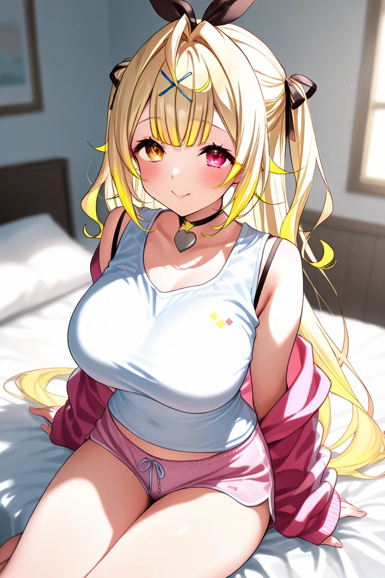 (a), 1girl, large breasted, blonde pigtails, pink sleeveless waitress outfit, white thigh high socks, braces, sexy, nsfw, (best quality:1.2), ultra-detailed, realistic, portraits, vivid colors, soft lighting, vibrant background, (wearing a diaper)