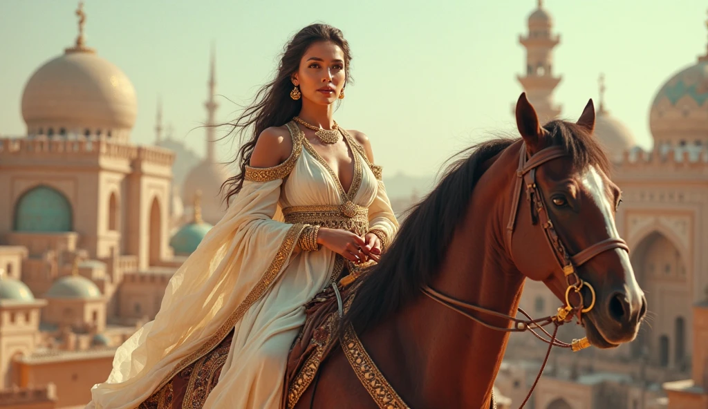 motion blur, side vie, Woman ride White horse, harness, red bridle, hand hold red reins , red saddle, stirrup , running sand ride White horse,Front view , exotic Persian girl is 20 years old, (Black hair ,long hair, Brown eye, Her eyes were outlined with kohl:1.3) , little Lips, serious, head band jewel), (big breasts, wide hip), (She wore a knee-length light blue gorgeous design gown adorned with intricate embroidery, complemented by gold bangles and necklaces. A second, longer shawl covered her head and shoulders, framing her face like a white see-through veil), ((Surrealism, Verism, UHD, retina, masterpiece, anatomically correct, accurate, textured skin, super detail, high details, high quality, best quality, highres, 8k))
